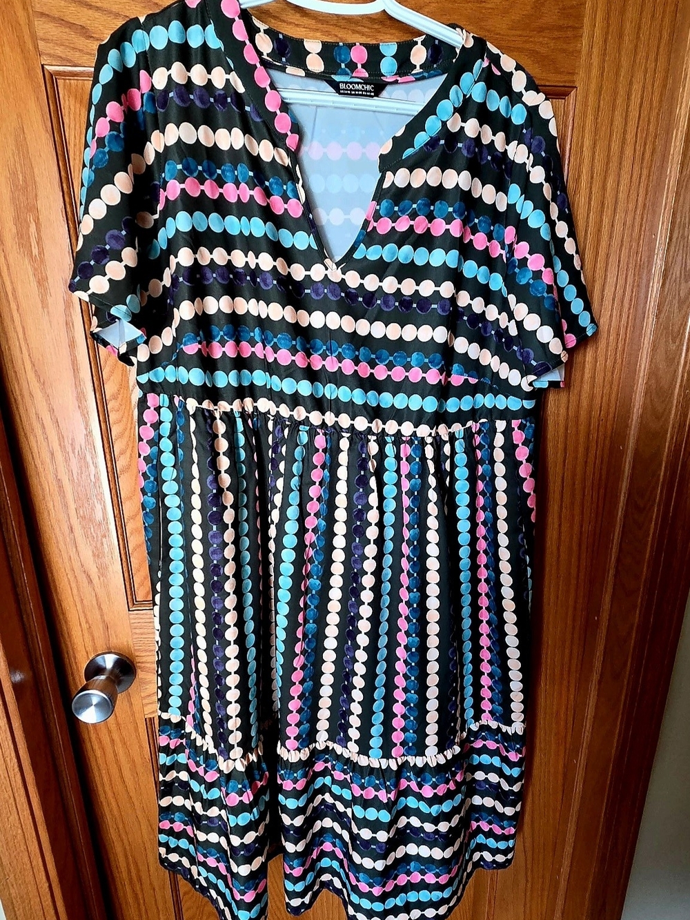 BloomChic Women's Green Dress with Pink, Blue & Cream Polka Dots